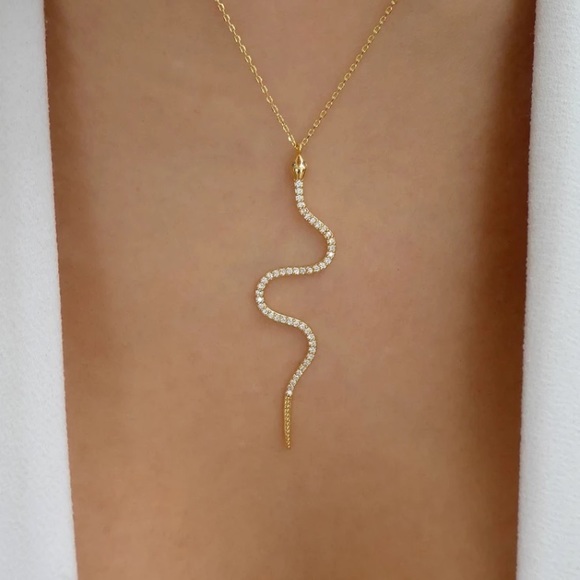 "Double Dare" Diamond Snake Gold Dainty Jeweled Statement Casual Trendy Necklace - Picture 7 of 7